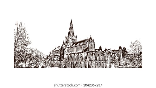 Building view and landmark of Glasgow City in Scotland. Glasgow is a port city on the River Clyde in Scotland's western Lowlands. Hand drawn sketch illustration in vector.