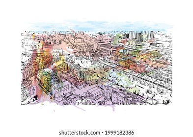 Building view with landmark of Glasgow is the 
city in Scotland. Watercolor splash with hand drawn sketch illustration in vector.