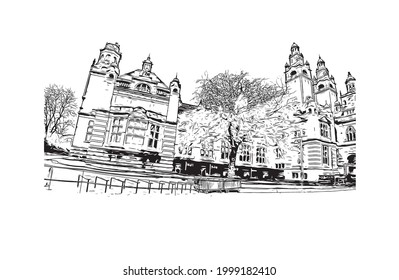 Building view with landmark of Glasgow is the 
city in Scotland. Hand drawn sketch illustration in vector.