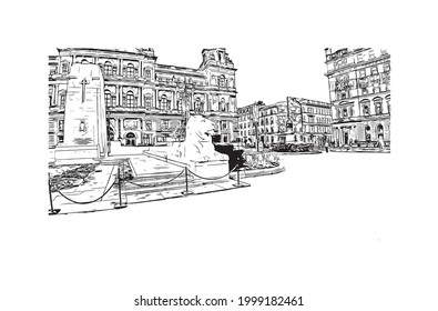Building view with landmark of Glasgow is the 
city in Scotland. Hand drawn sketch illustration in vector.