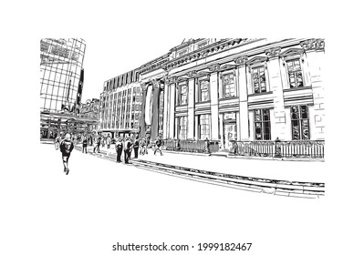 Building view with landmark of Glasgow is the 
city in Scotland. Hand drawn sketch illustration in vector.