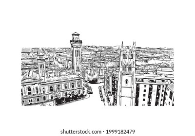 Building view with landmark of Glasgow is the 
city in Scotland. Hand drawn sketch illustration in vector.