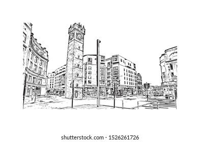 Building view with landmark of Glasgow is a port city on the River Clyde in Scotland's western Lowlands. Hand drawn sketch illustration in vector.
