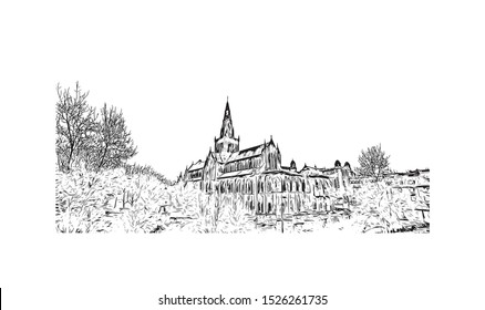 Building view with landmark of Glasgow is a port city on the River Clyde in Scotland's western Lowlands. Hand drawn sketch illustration in vector.