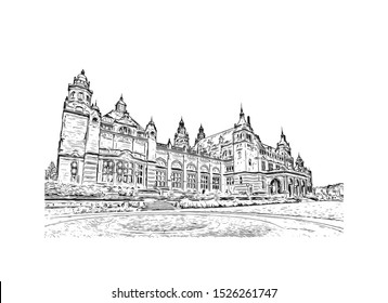 Building view with landmark of Glasgow is a port city on the River Clyde in Scotland's western Lowlands. Hand drawn sketch illustration in vector.