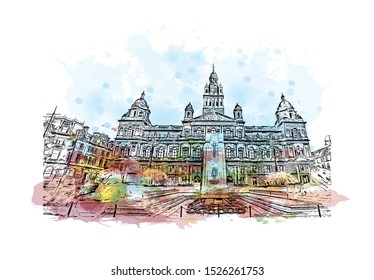Building view with landmark of Glasgow is a port city on the River Clyde in Scotland's western Lowlands. Watercolor splash with Hand drawn sketch illustration in vector.