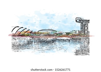 Building view with landmark of Glasgow is a port city on the River Clyde in Scotland's western Lowlands. Watercolor splash with Hand drawn sketch illustration in vector.