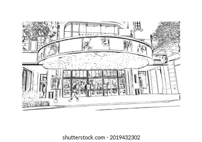 Building view with landmark of Glendale is the 
city in California. Hand drawn sketch illustration in vector.