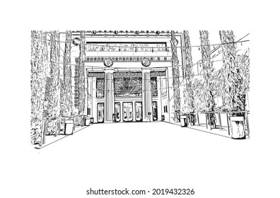 Building view with landmark of Glendale is the 
city in California. Hand drawn sketch illustration in vector.