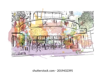 Building view with landmark of Glendale is the 
city in California. Watercolor splash with hand drawn sketch illustration in vector.