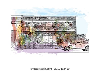 Building view with landmark of Glendale is the 
city in California. Watercolor splash with hand drawn sketch illustration in vector.