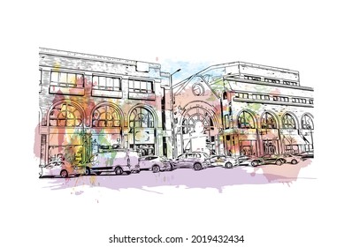Building view with landmark of Glendale is the 
city in California. Watercolor splash with hand drawn sketch illustration in vector.