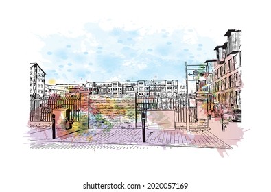 Building view with landmark of Gloucester is a city in England. Watercolor splash with hand drawn sketch illustration in vector.