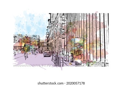 La vista de los edificios con monumentos de Gloucester es una ciudad de Inglaterra. Salto de color de agua con ilustración de esbozo dibujada a mano en vector.