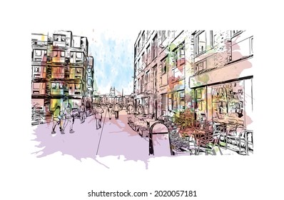 Building view with landmark of Gloucester is a city in England. Watercolor splash with hand drawn sketch illustration in vector.