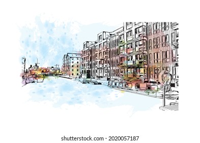 Building view with landmark of Gloucester is a city in England. Watercolor splash with hand drawn sketch illustration in vector.