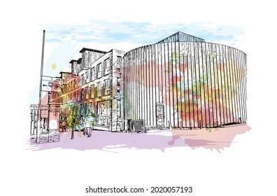 Building view with landmark of Gloucester is a city in England. Watercolor splash with hand drawn sketch illustration in vector.
