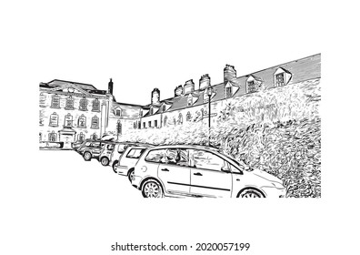 La vista de los edificios con monumentos de Gloucester es una ciudad de Inglaterra. Dibujo a mano de ilustración de esbozo en vector.