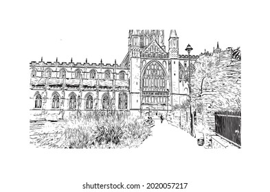 Building view with landmark of Gloucester is a city in England. Hand drawn sketch illustration in vector.