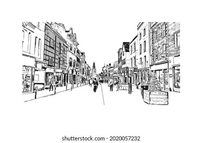 Building view with landmark of Gloucester is a city in England. Hand drawn sketch illustration in vector.