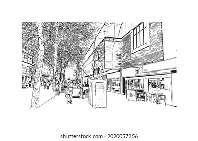 La vista de los edificios con monumentos de Gloucester es una ciudad de Inglaterra. Dibujo a mano de ilustración de esbozo en vector.