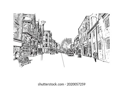 Building view with landmark of Gloucester is a city in England. Hand drawn sketch illustration in vector.