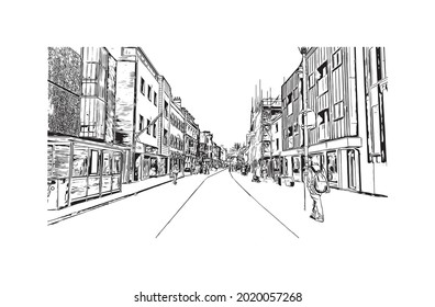 La vista de los edificios con monumentos de Gloucester es una ciudad de Inglaterra. Dibujo a mano de ilustración de esbozo en vector.