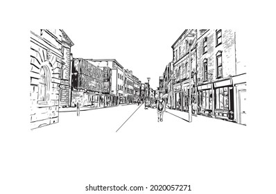 Building view with landmark of Gloucester is a city in England. Hand drawn sketch illustration in vector.