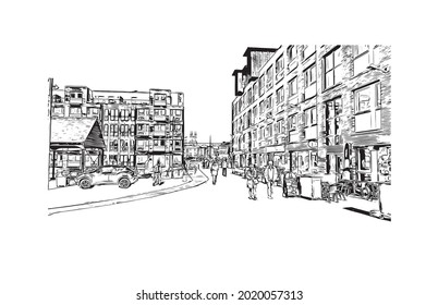 La vista de los edificios con monumentos de Gloucester es una ciudad de Inglaterra. Dibujo a mano de ilustración de esbozo en vector.