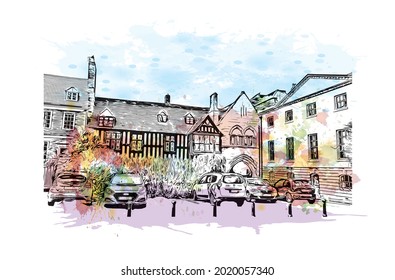 Building view with landmark of Gloucester is a city in England. Watercolor splash with hand drawn sketch illustration in vector.