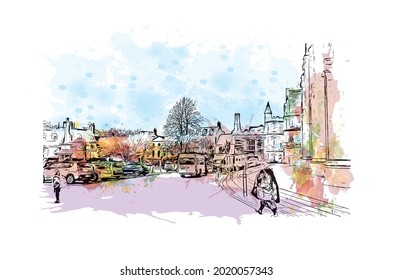 Die Bauaussicht mit Wahrzeichen von Gloucester ist eine Stadt in England. Aquarellspritzer mit handgezeichneter Skizzengrafik in Vektorgrafik.