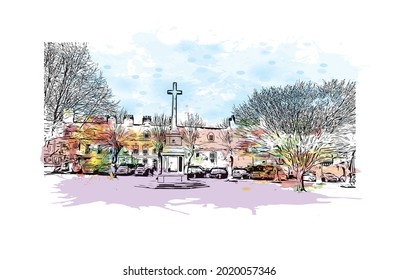 Building view with landmark of Gloucester is a city in England. Watercolor splash with hand drawn sketch illustration in vector.
