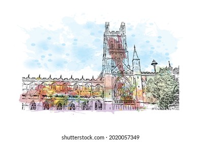 Building view with landmark of Gloucester is a city in England. Watercolor splash with hand drawn sketch illustration in vector.