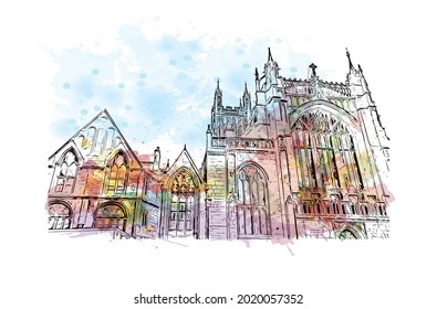 La vista de los edificios con monumentos de Gloucester es una ciudad de Inglaterra. Salto de color de agua con ilustración de esbozo dibujada a mano en vector.