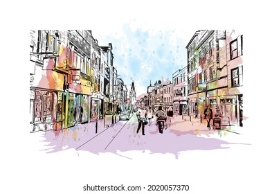 Building view with landmark of Gloucester is a city in England. Watercolor splash with hand drawn sketch illustration in vector.