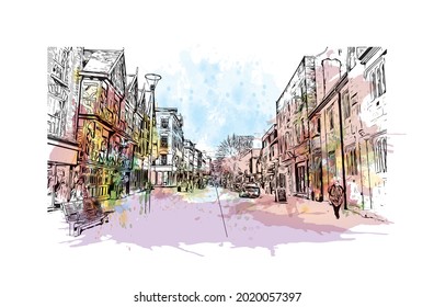 Building view with landmark of Gloucester is a city in England. Watercolor splash with hand drawn sketch illustration in vector.