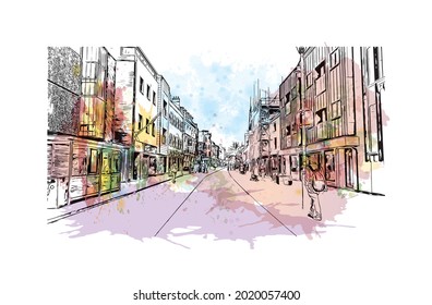 Building view with landmark of Gloucester is a city in England. Watercolor splash with hand drawn sketch illustration in vector.