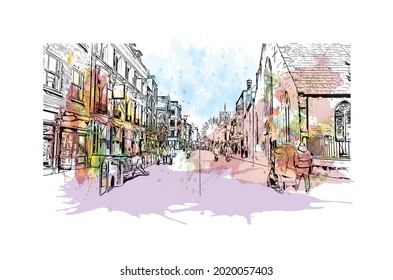 Building view with landmark of Gloucester is a city in England. Watercolor splash with hand drawn sketch illustration in vector.