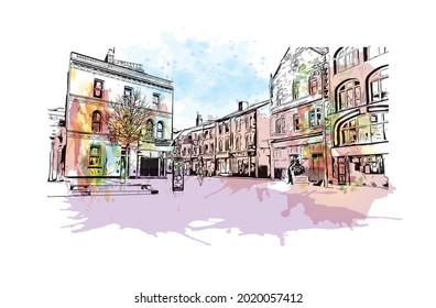 La vista de los edificios con monumentos de Gloucester es una ciudad de Inglaterra. Salto de color de agua con ilustración de esbozo dibujada a mano en vector.