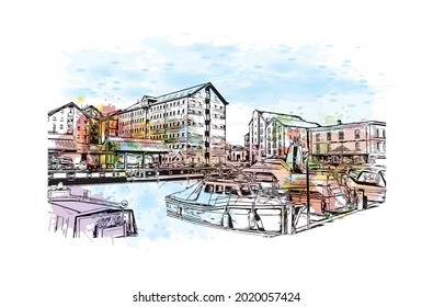 La vista de los edificios con monumentos de Gloucester es una ciudad de Inglaterra. Salto de color de agua con ilustración de esbozo dibujada a mano en vector.
