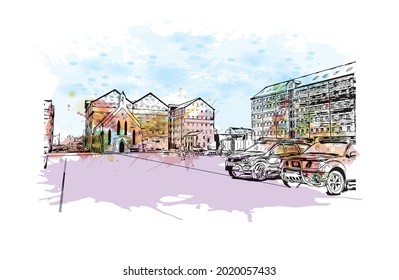Building view with landmark of Gloucester is a city in England. Watercolor splash with hand drawn sketch illustration in vector.