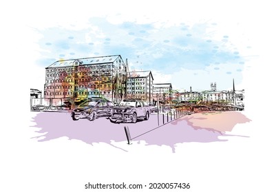 Building view with landmark of Gloucester is a city in England. Watercolor splash with hand drawn sketch illustration in vector.