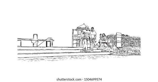 Building view with landmark of The Gold Coast is a metropolitan region south of Brisbane on Australia’s east coast. Hand drawn sketch illustration in vector.