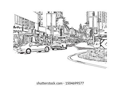 Building view with landmark of The Gold Coast is a metropolitan region south of Brisbane on Australia’s east coast. Hand drawn sketch illustration in vector.