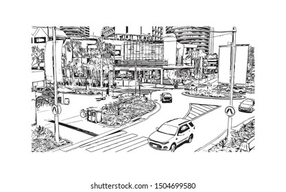 Building view with landmark of The Gold Coast is a metropolitan region south of Brisbane on Australia’s east coast. Hand drawn sketch illustration in vector.