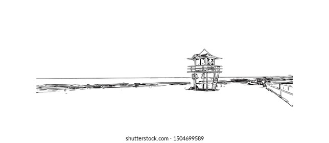 Building view with landmark of The Gold Coast is a metropolitan region south of Brisbane on Australia’s east coast. Hand drawn sketch illustration in vector.