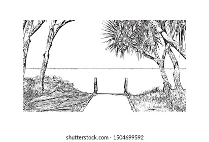 Building view with landmark of The Gold Coast is a metropolitan region south of Brisbane on Australia’s east coast. Hand drawn sketch illustration in vector.