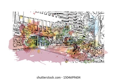 Building view with landmark of The Gold Coast is a metropolitan region south of Brisbane on Australia’s east coast. Watercolor splash with Hand drawn sketch illustration in vector.