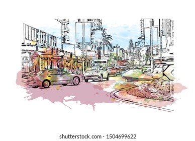 Building view with landmark of The Gold Coast is a metropolitan region south of Brisbane on Australia’s east coast. Watercolor splash with Hand drawn sketch illustration in vector.