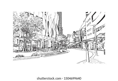 Building view with landmark of The Gold Coast is a metropolitan region south of Brisbane on Australia’s east coast. Hand drawn sketch illustration in vector.